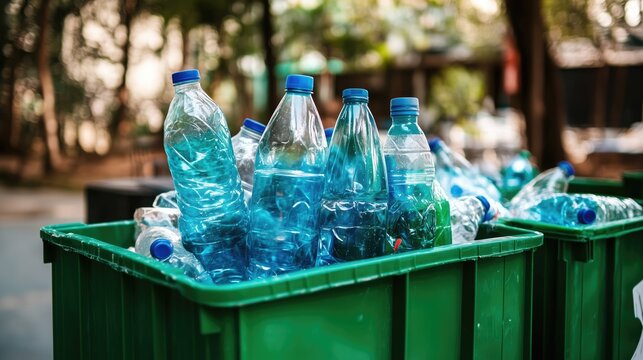 Recycling bin filled with empty plastic bottles in urban park setting