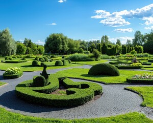 Depict an urban park with topiary animals and flower beds.
