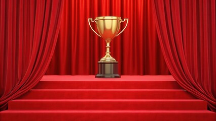 Gold trophy cup on theater stage with red curtain background. Concept for Winner, Prize, Champion, Competition, Success, Award