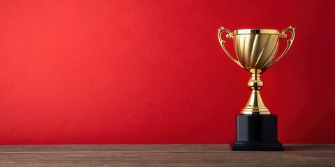 Gold trophy cup on a red background with copy space. Concept for Winner, Prize, Champion, Competition, Success, Award