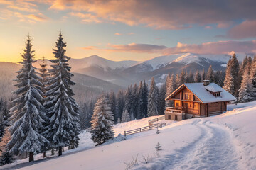 A cozy wooden cabin nestled in a snowy landscape, surrounded by evergreens and mountains, bathed in warm sunset light.