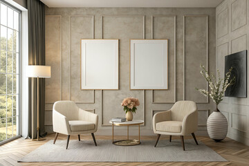 A stylish living room featuring two cream armchairs, a coffee table with flowers, and large windows allowing natural light.