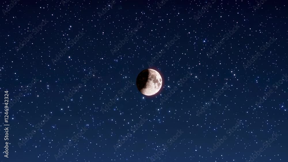 Poster partial lunar eclipse gradually sweeping across starry night sky, revealing mesmerizing celestial tr