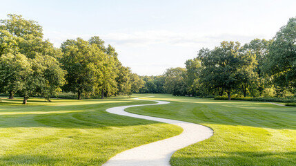 Sunny Spring Day with Fresh Green Leaves and Blue Sky. Lush green park with a winding path and trees under a clear sky.
