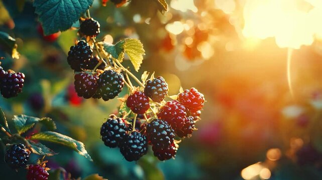 Close up view of ripe blackberries on a branch, bathed in warm sunlight.  Vibrant green leaves and a blurred background create a natural, summery atmosphere