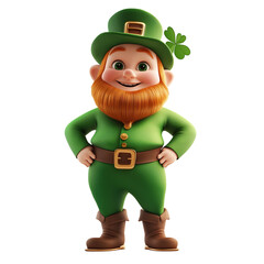 Cheerful leprechaun in green with transparent and white background