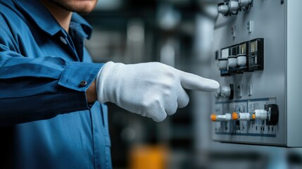Worker operates control panel in industrial setting during daytime, focusing on machinery efficiency and safety measures