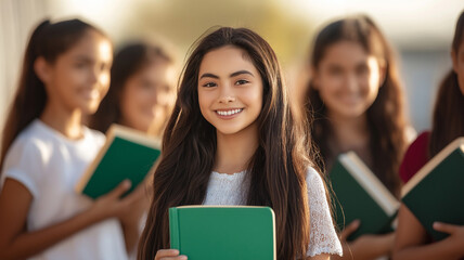 group of young Latin American students smiling and holding books, showcasing friendship and joy in school setting