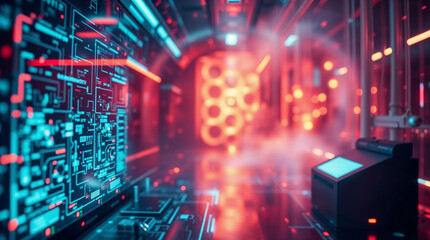 Futuristic control room monitoring system displaying critical data in industrial environment