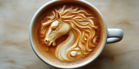 Intricate latte art featuring a majestic horse design in a coffee cup on a textured surface