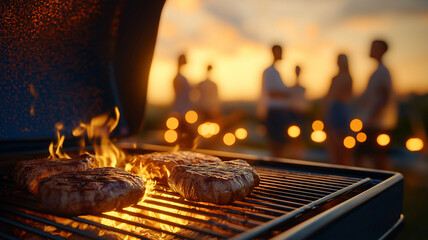 Grilling meat steaks over fire at sunset, creating warm atmosphere for gathering. Friends enjoy evening, enhancing joyful experience of outdoor cooking