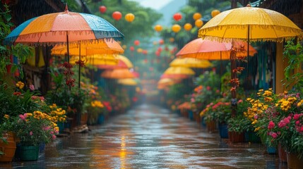 Rainy Day in a Colorful Asian Street Market