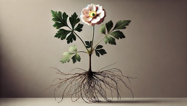 Artistic botanical composition with flower and roots