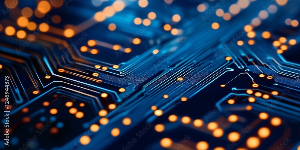 Poster futuristic circuit board with glowing copper and blue pathways for technology backgrounds : generati