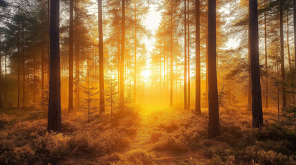 Obraz premium A sunrise over a misty forest, with golden light filtering through the trees.