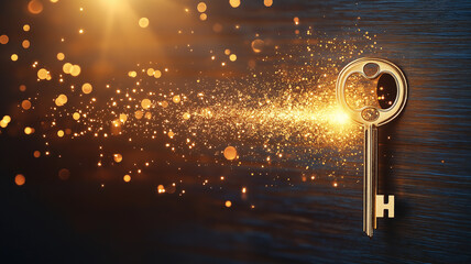 golden key surrounded by sparkling light symbolizes opportunity and success. shimmering particles create magical atmosphere, representing potential to unlock new futures