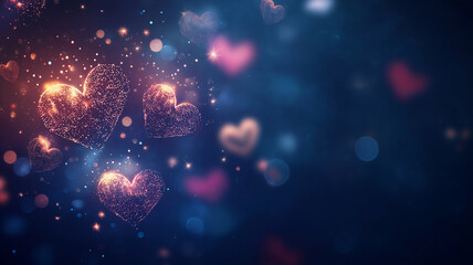 Glowing heart shaped bokeh lights create romantic atmosphere, perfect for Valentine Day celebrations. vibrant colors and sparkling effects evoke feelings of love and joy