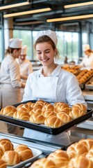 Young baker smiles while presenting freshly baked golden rolls in a modern bakery during daytime preparation