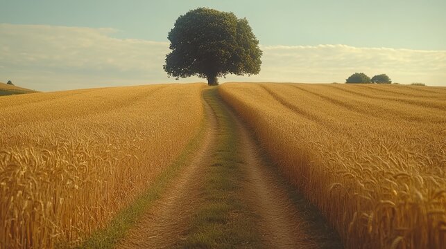 Golden wheat field path, lone tree, hilltop, summer sunset, rural landscape