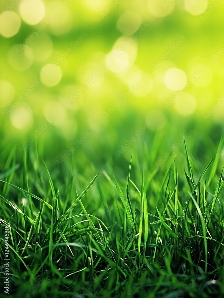 Poster Fresh Green Grass Blade Close Up with Dew Drops and Morning Sunlight Creating Bokeh Effect : Generative AI