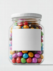 Colorful candy jar filled with vibrant sweets, featuring blank label for customization. Perfect for showcasing treats in playful and inviting way