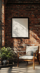 cozy chair beside brick wall with blank frame and plant, creating warm and inviting atmosphere. sunlight casts beautiful shadows, enhancing serene environment