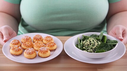 close-up of a person with two plates in front, one with sugary pastries and the other with a fresh spinach and quinoa bowl, representing the choice of food. You are what you eat. 