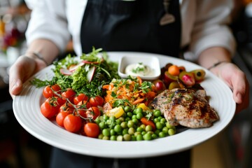 Waitress Serving Plate With Healthy Food, Grilled Chicken With Assorted Herbs, Veggies