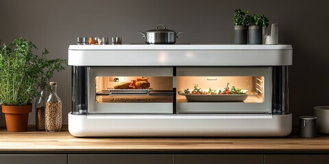Modern kitchen with advanced cooking appliance showcasing various dishes and ingredients during meal preparation at home