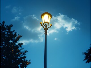 Illuminated vintage lamppost at night – Elegant streetlamp glowing against a deep blue sky with scattered clouds. Classic urban lighting at dusk.