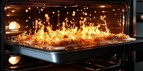 Baking delicious food with sizzling and bubbling in the oven during dinner preparation at home