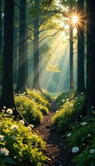 Obraz premium sunlit forest glade with trees and undergrowth, wildflowers, serene, natural ambiance