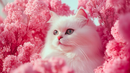 Portrait of a white Persian cat surrounded by vibrant pink blossoms