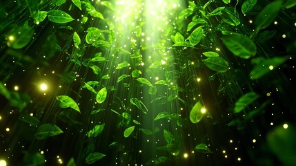 Luminous Green Leaves and Glowing Lights