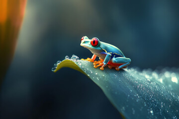 Naklejka premium Red-eyed tree frog sitting on a leaf in the rainforest