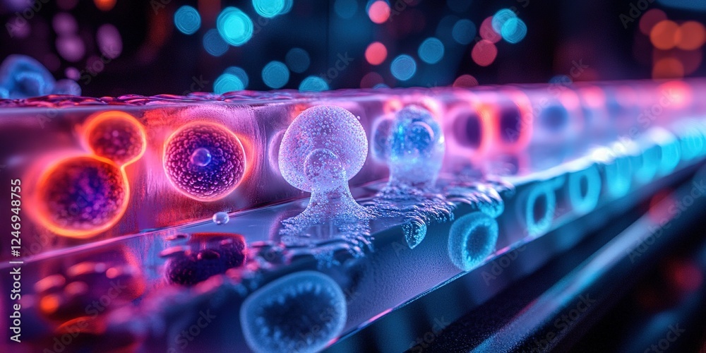 Poster colorful microscopic view of cells in a laboratory setting showcasing biological interactions and ce