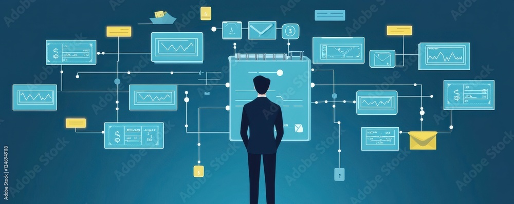Poster a professional analyzing data visualizations and digital elements, representing information flow and