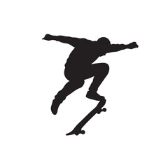Silhouette vector illustration of a skateboarder performing a trick on a white background