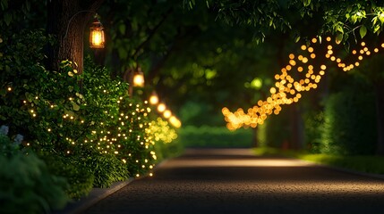 Luminous Night Path: Glowing Lights and Green Foliage