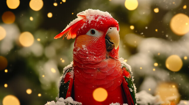 red parrot dusted with snow, against a festive backdrop of golden bokeh lights and blurred greenery