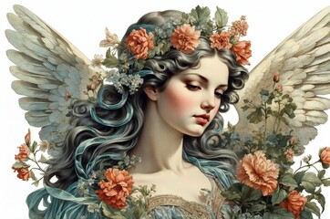 Vintage retro antique angel portrait illustration with colorful botanical flowers on isolated white background, people, culture and religion theme concept texture design.
