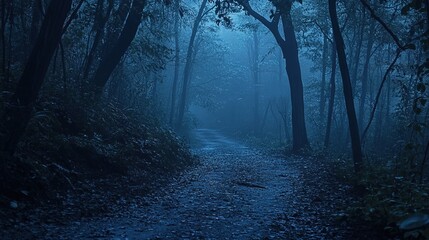 Naklejka premium Dark Forest Path Enveloped In Misty Night