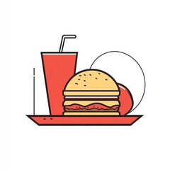 Burger with soda and tomato on plate, vector image for use in food advertising