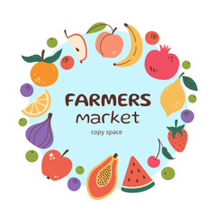 Farmers market design template, copy space. Cute hand drawn Fruits and berries round frame in doodle style. Fruits icons Circular template. Hand drawn Fruits circle border. Vector illustration