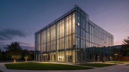 A detailed image of a contemporary building with sleek lines and glass facades, set against a twilight sky, exemplifying modern architectural design