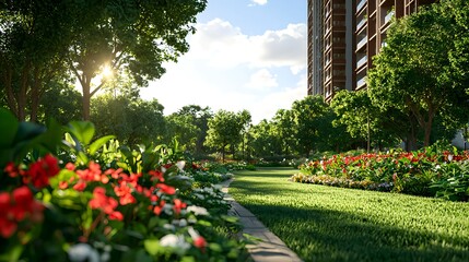 Obraz premium Lush Garden Path with Red Flowers and Modern Building