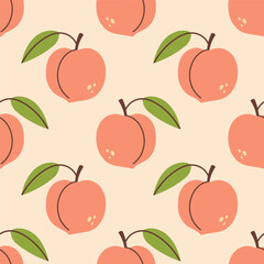 Peach seamless pattern. Peach fruit with leaf. Organic vitamins and healthy nutrition. Flat design, doodle style. Graphic texture. Fabric design. Vector