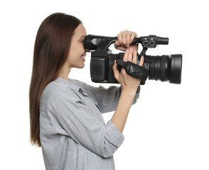 Happy woman with professional video camera on white background