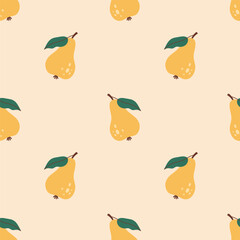 Pear seamless pattern. Pear fruit with leaf. Organic vitamins and healthy nutrition. Flat design, doodle style. Graphic texture. Fabric design. Vector