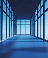 Fototapeta premium Contemporary Minimalist Glass Corridor with Reflections and Serene Blue Atmosphere : Generative AI